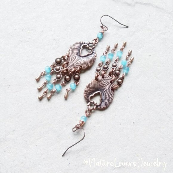 Handmade! Copper Leaf Shaped Chandeliers with Shimmering Aqua CatsEye Beads - Picture 1 of 8